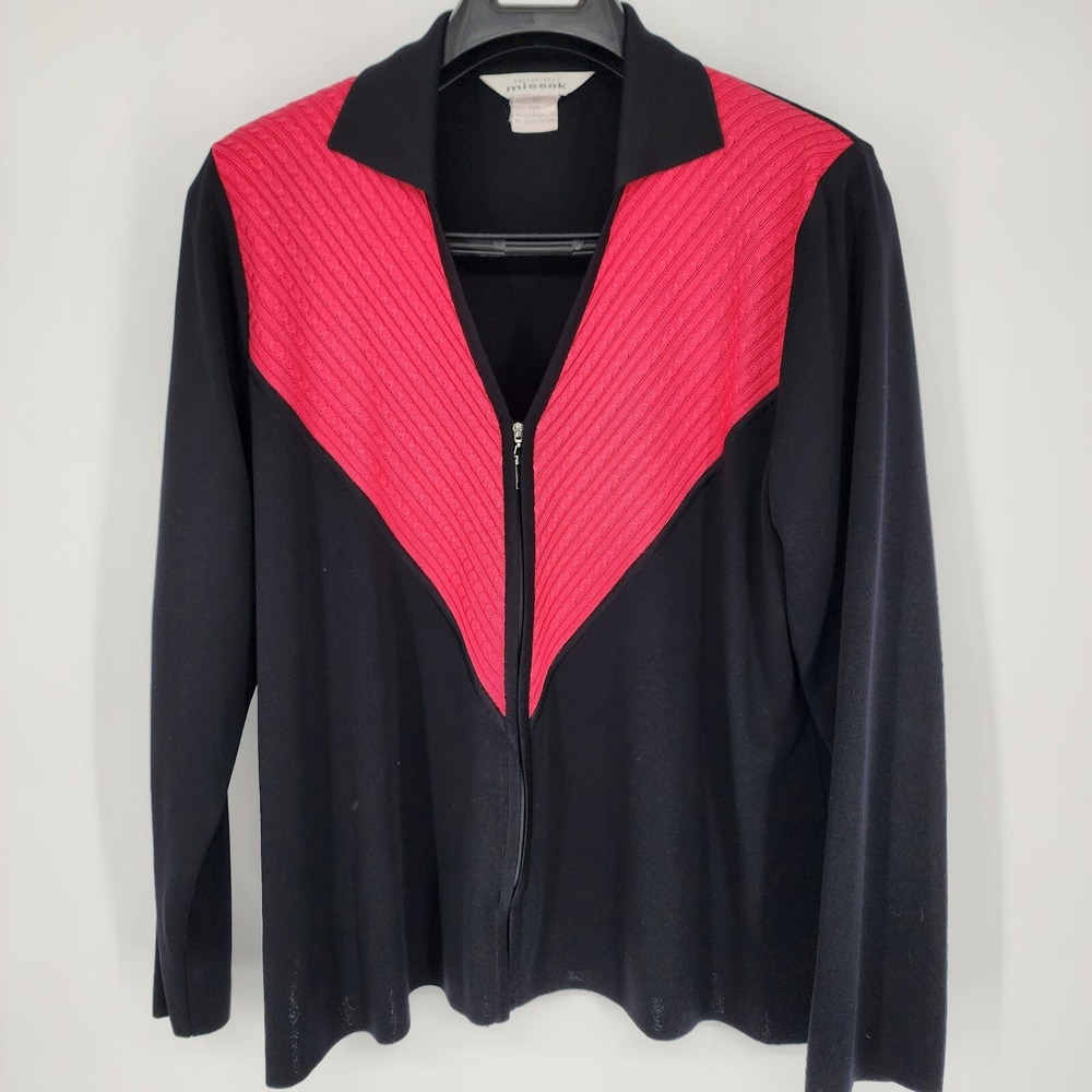 Exclusively Misook Women's Size XL Black and Pink Zip Up‎ Sweater Cardigan Retro